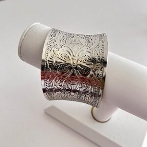 Wide Cuff Bracelet Embossed Open Bangle Silver Tone
